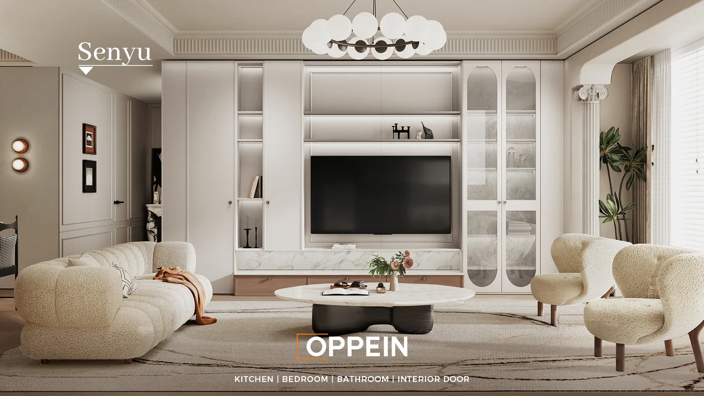 Apartment living room with built-in storage wall — OPPEIN UAE